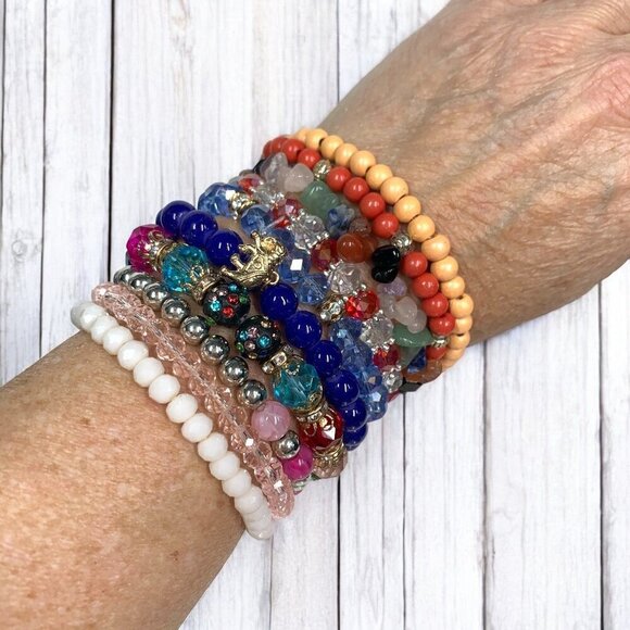 Set of 10 Stretch Boho Style Bracelets Elephant Blue Green Red White Orange OS - Picture 1 of 5